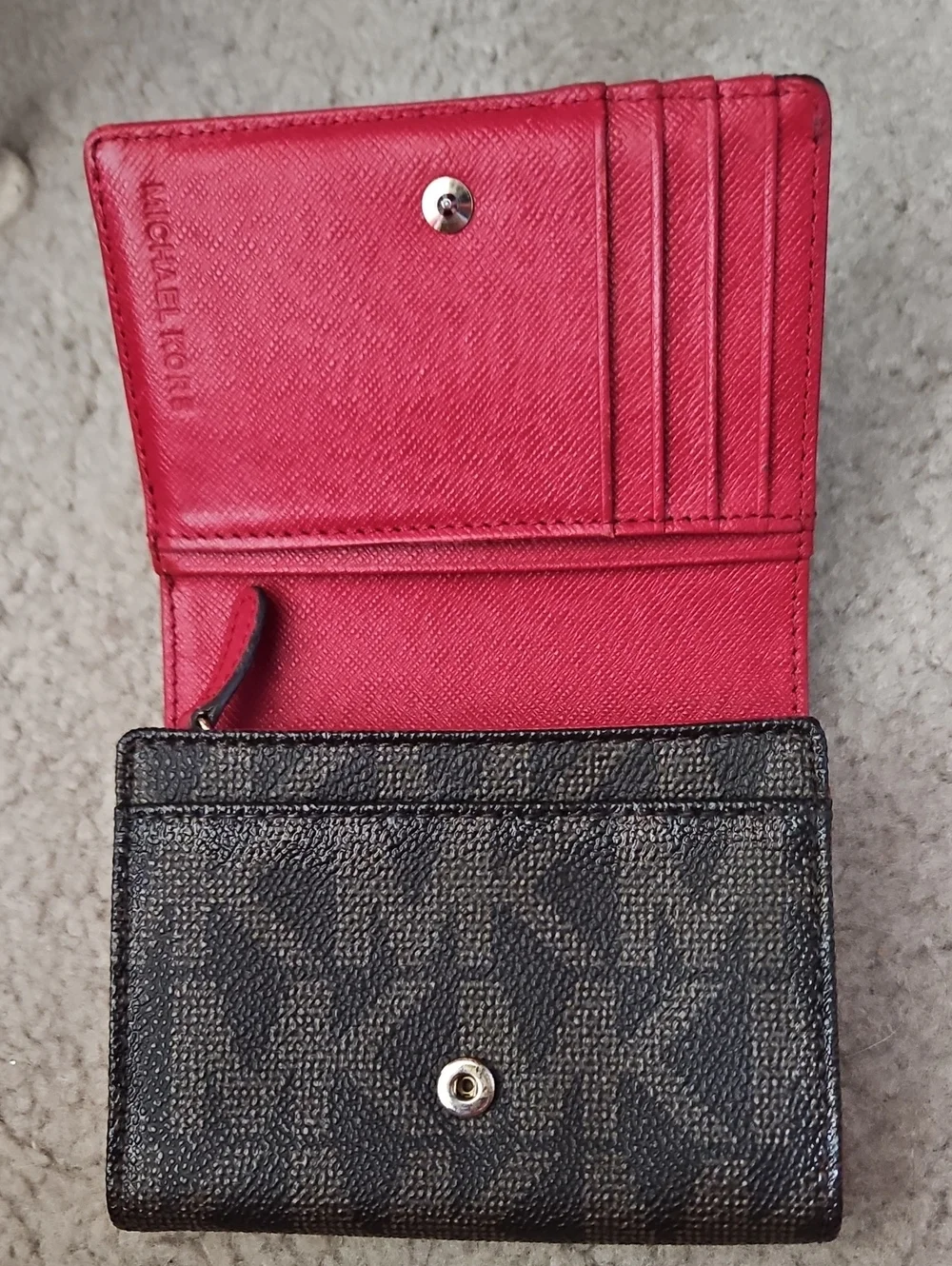 Michael Kors Black and Brown Signature Compact Wallet with Gold Plaque